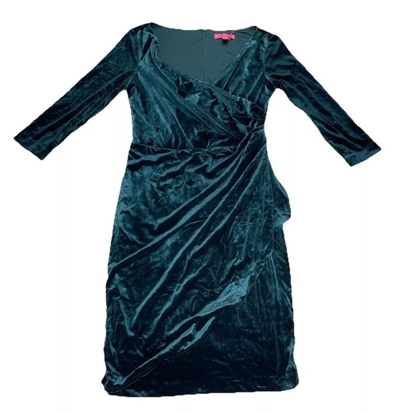 Betsey Johnson Velvet Wrap Dress Green V Neck Sz 10 Long Sleeve Midi Sexy - Picture 2 of 12
